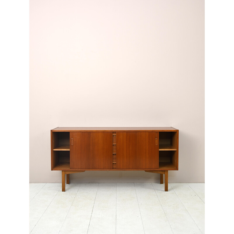 Vintage teak sideboard with 4 central drawers and two sliding doors, 1960s
