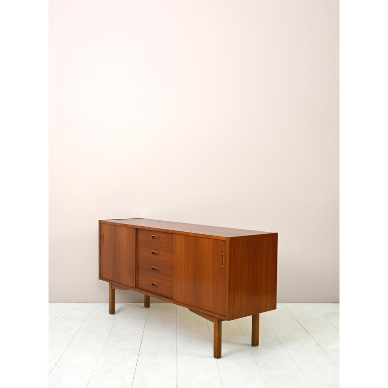 Vintage teak sideboard with 4 central drawers and two sliding doors, 1960s