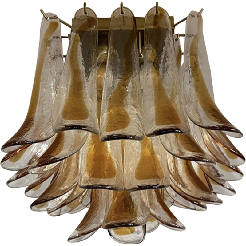 Vintage plafondlamp in transparant en amberkleurig Murano-glas