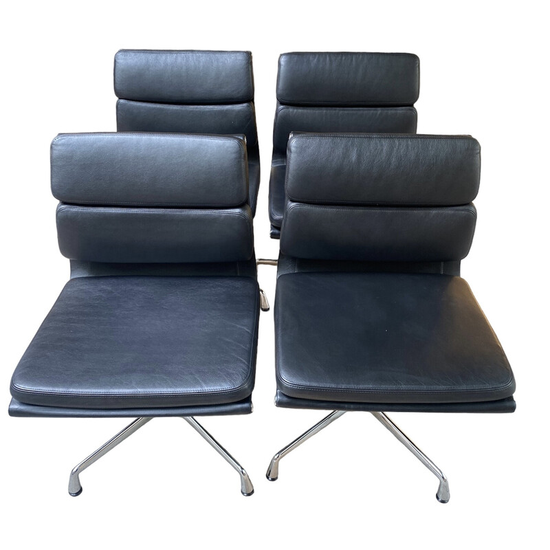 Set of 4 vintage black leather and aluminum Soft pad desk chairs by Eames, 2007