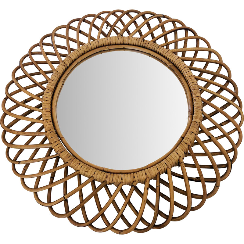 Vintage round mirror in rattan by Franco Albini, Italy 1960