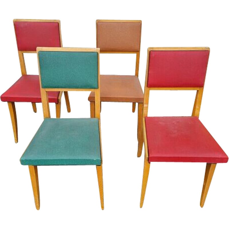 Set di 4 sedie vintage in legno e skai, 1940-1950