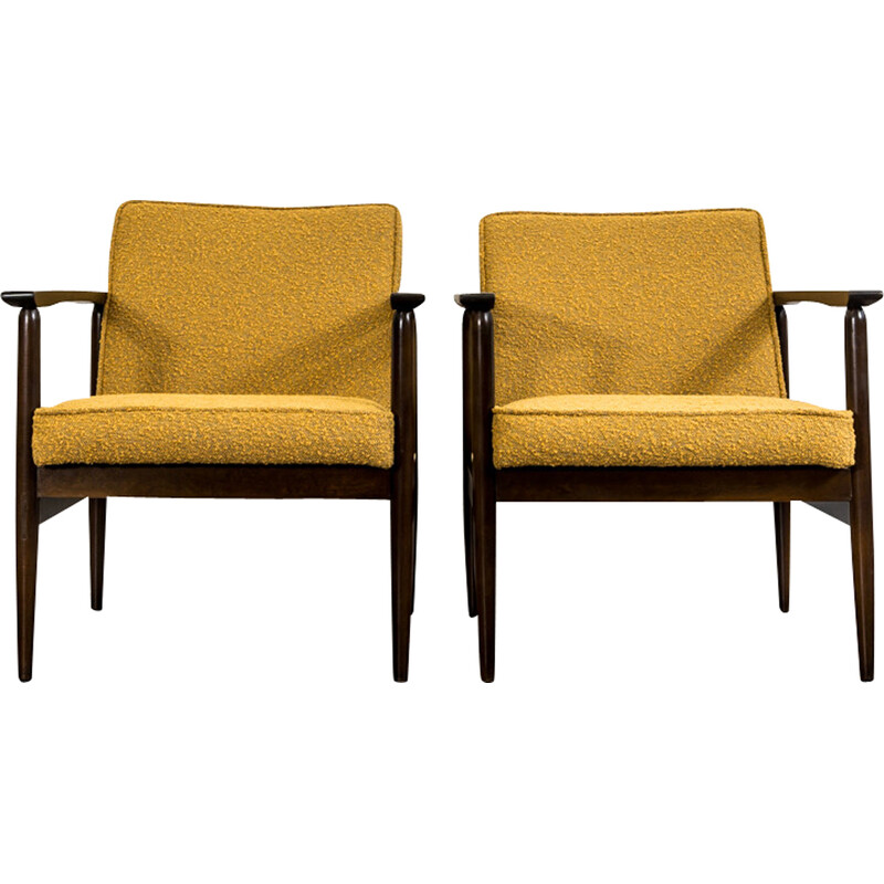 Pair of mid-century yellow bouclé armchairs, Poland 1960s
