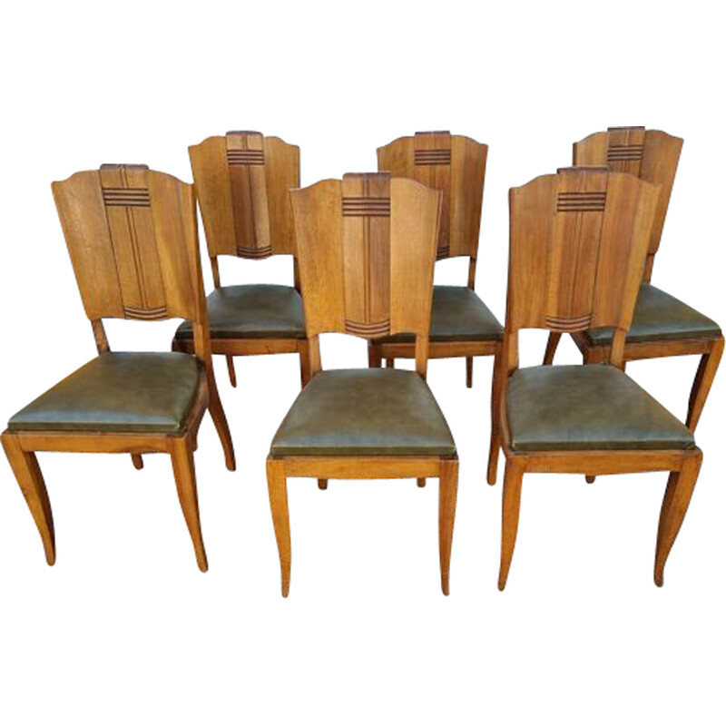 Juego de 6 sillas vintage art deco de madera y skai