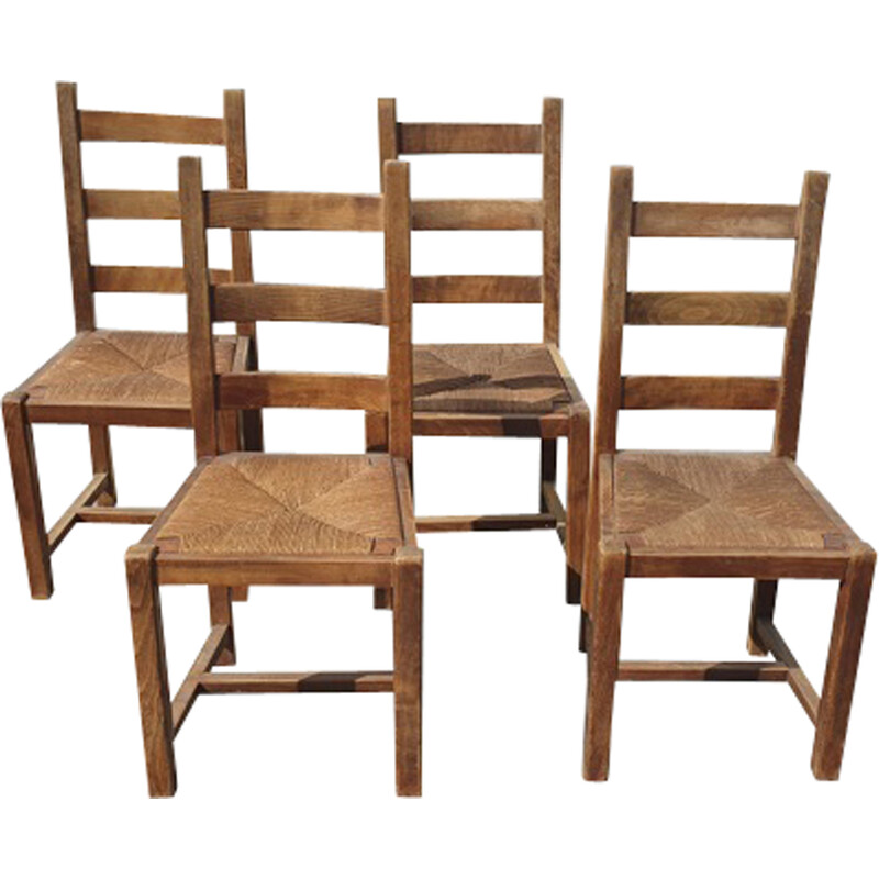 Conjunto de 4 cadeiras de palha de madeira vintage