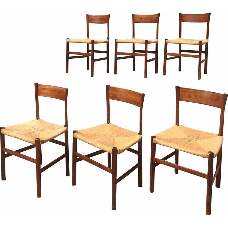 Conjunto de 6 cadeiras de vindima em pau-rosa e palha, 1960