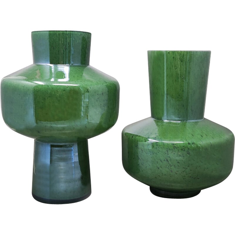 Pair of vintage green vases in Murano glass by Dogi, Italy 1970s