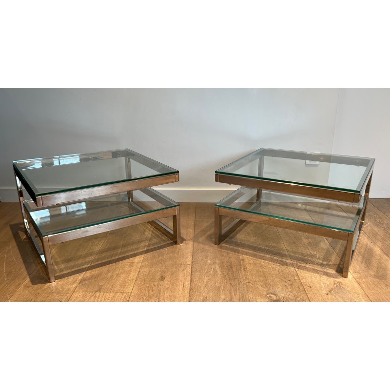 Pair of vintage chrome and glass sofa ends, France 1970