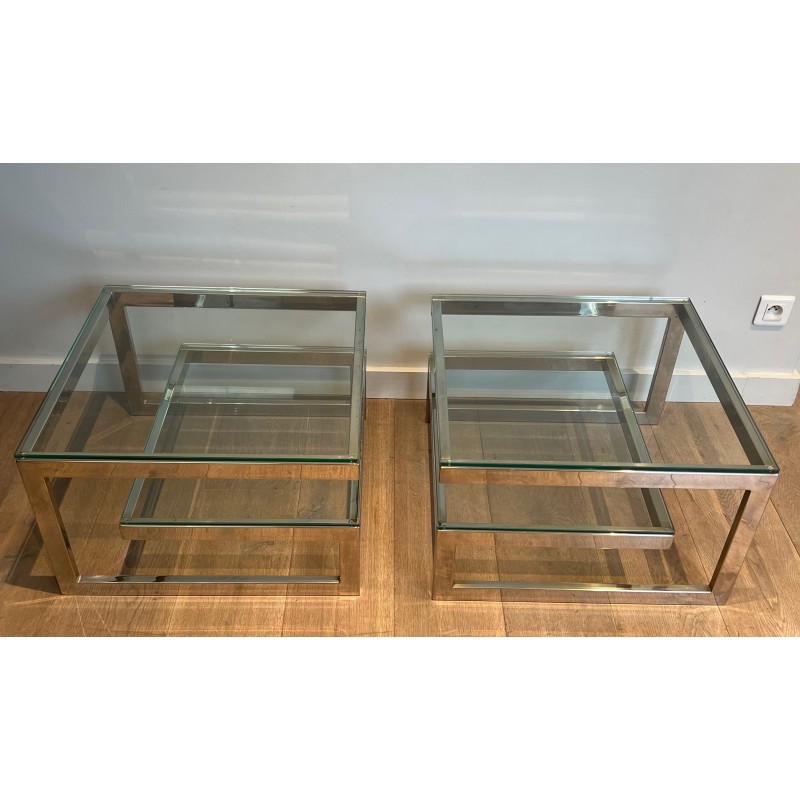 Pair of vintage chrome and glass sofa ends, France 1970
