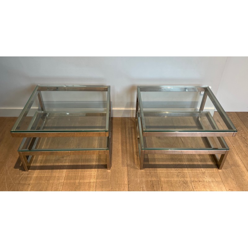 Pair of vintage chrome and glass sofa ends, France 1970