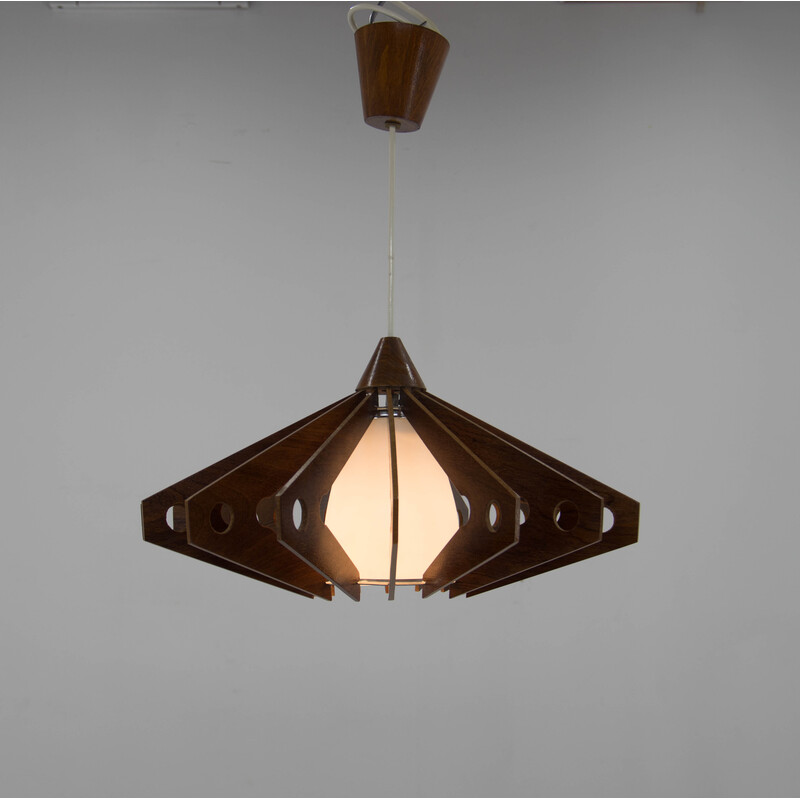 Vintage plywood and glass chandelier by Drevo Humpolec, 1960