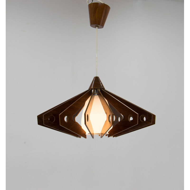 Vintage plywood and glass chandelier by Drevo Humpolec, 1960