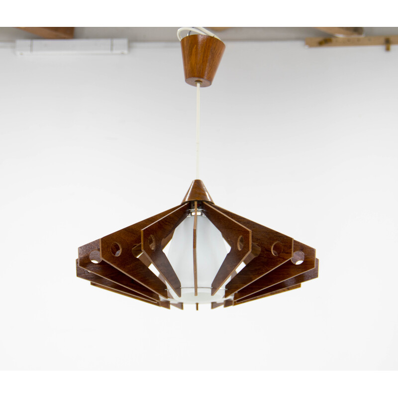 Vintage plywood and glass chandelier by Drevo Humpolec, 1960