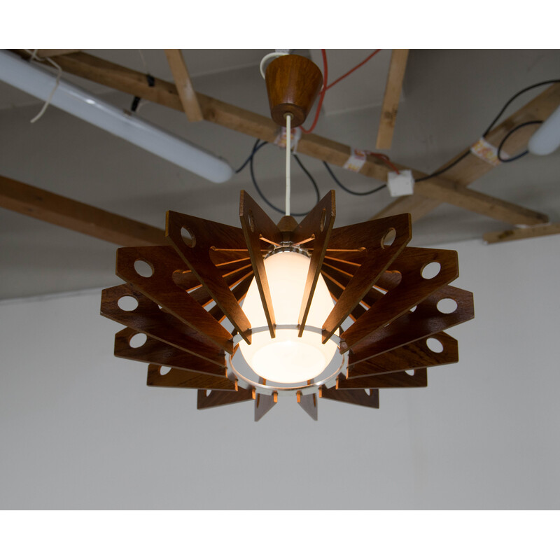 Vintage plywood and glass chandelier by Drevo Humpolec, 1960