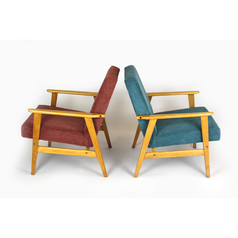 Pair of mid-century pink and turquoise beechwood armchairs, 1960s
