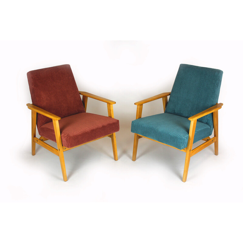 Paar mid-eeuwse roze en turquoise beukenhouten fauteuils, 1960