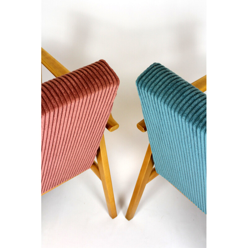 Pair of mid-century pink and turquoise beechwood armchairs, 1960s