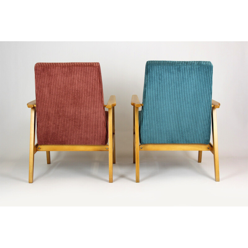 Paar mid-eeuwse roze en turquoise beukenhouten fauteuils, 1960