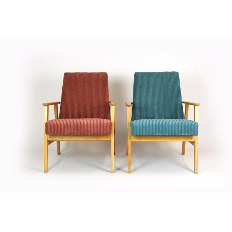 Pair of mid-century pink and turquoise beechwood armchairs, 1960s