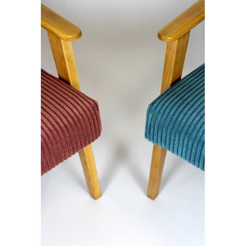 Pair of mid-century pink and turquoise beechwood armchairs, 1960s