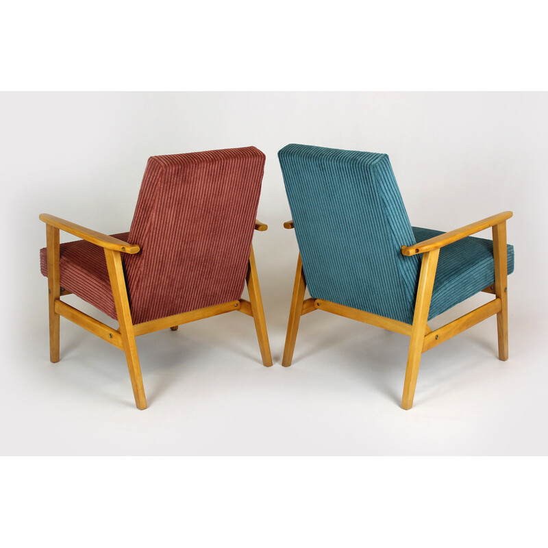 Paar mid-eeuwse roze en turquoise beukenhouten fauteuils, 1960