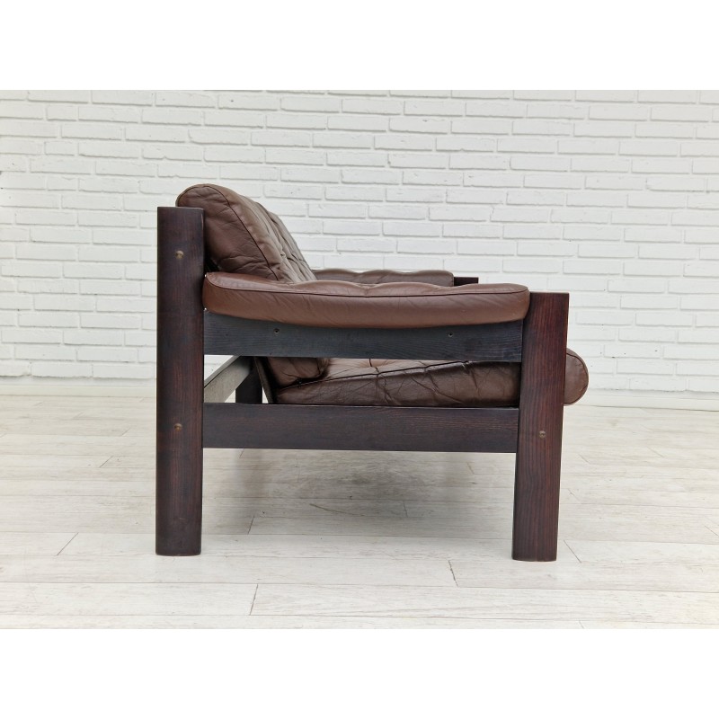 Canapé scandinave vintage 2 places en cuir marron, 1970