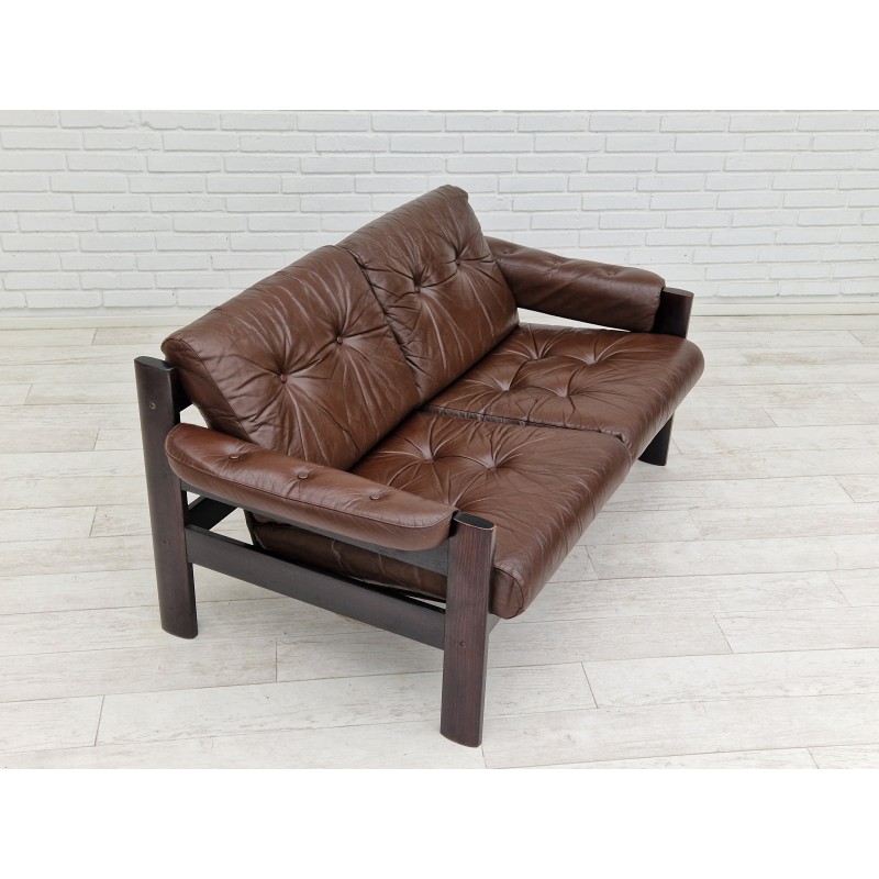 Canapé scandinave vintage 2 places en cuir marron, 1970