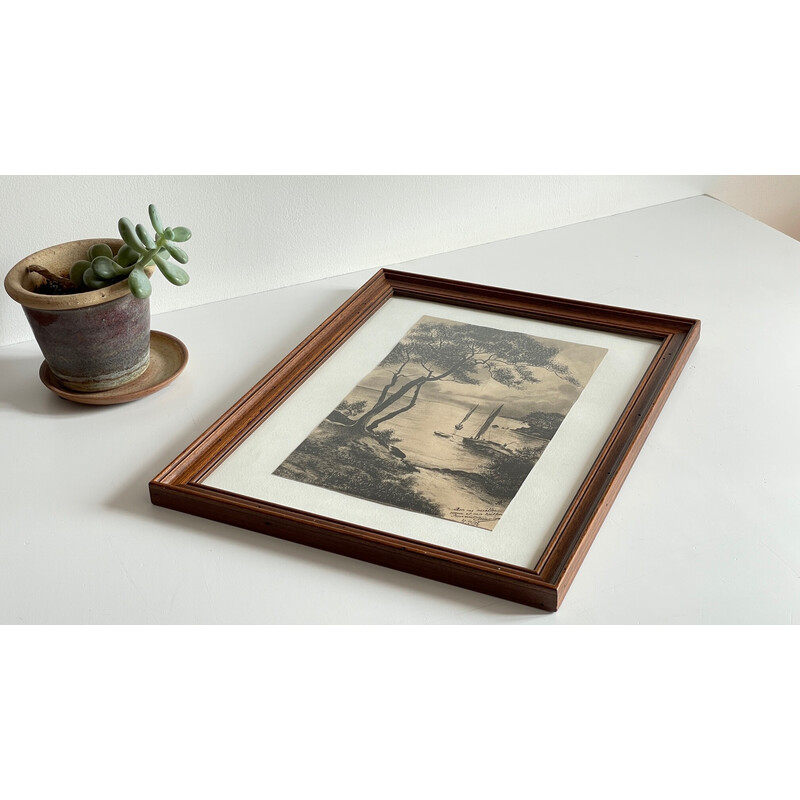 Vintage painting with wood and glass frame, 1927
