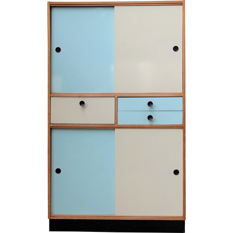 Vintage Aubry cabinet in beechwood veneer and white-blue formica, 1970s