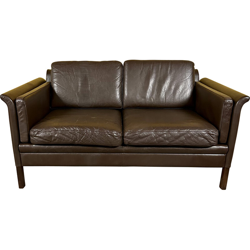 Danish vintage 2 seater brown leather sofa, 1960s