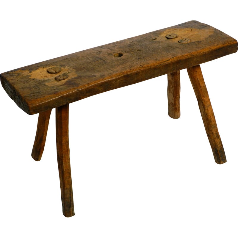 Banco de madeira maciça de quatro patas oblongas Vintage