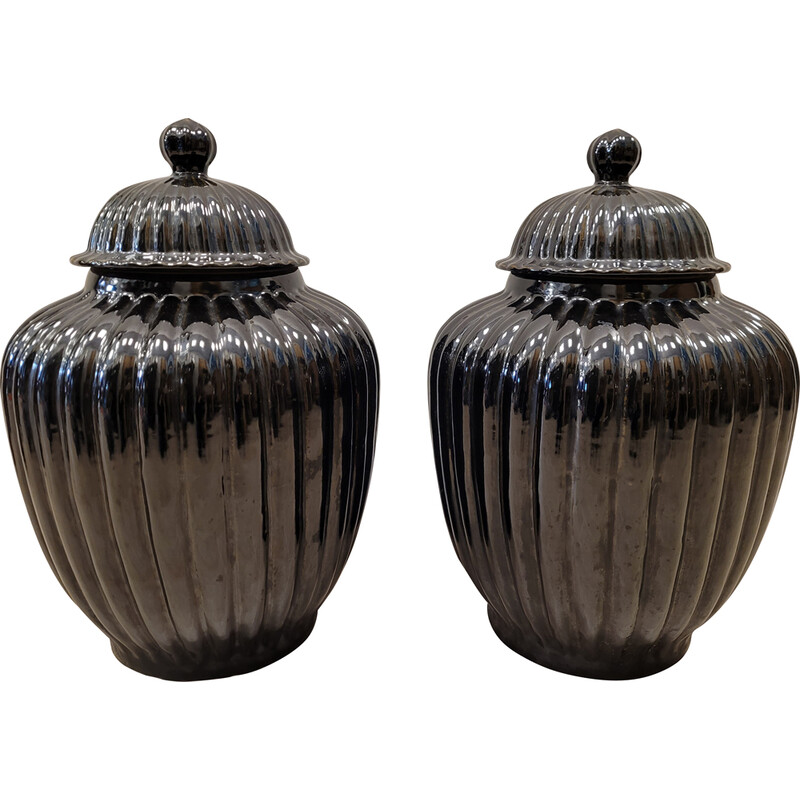 Pair of vintage tibores in black ceramic, Italy