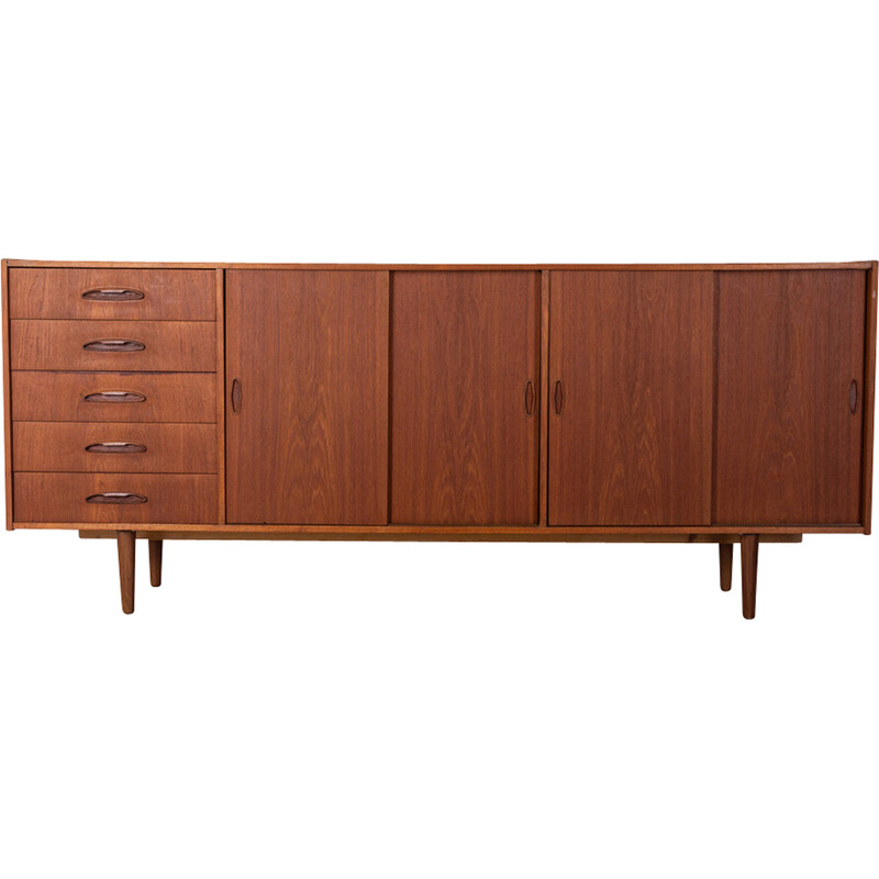 Vintage teak wood sideboard with five drawers and four sliding doors