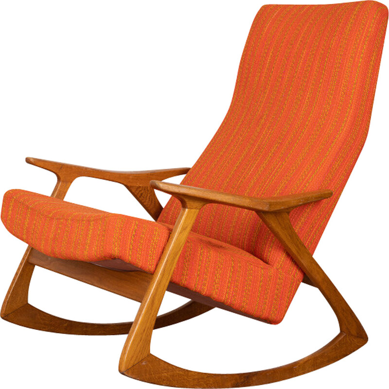 Vintage schommelstoel met structuur in teakhout en stof, jaren 1960