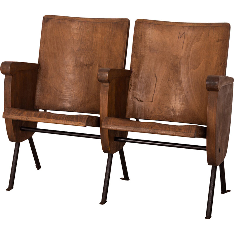 Pair of vintage cinema chairs in wood and metal, 1960