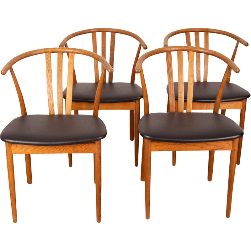 Ensemble de 4 chaises vintage avec structure en bois de chêne et assise en cuir noir, 1960