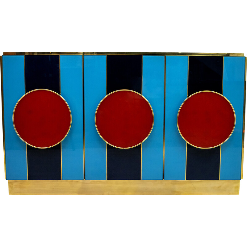 Vintage Postmodern Italian sideboard in colored glass and brass, 1980s