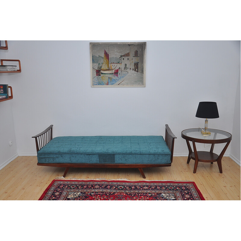 Vintage oakwood daybed with green upholstery, 1950s