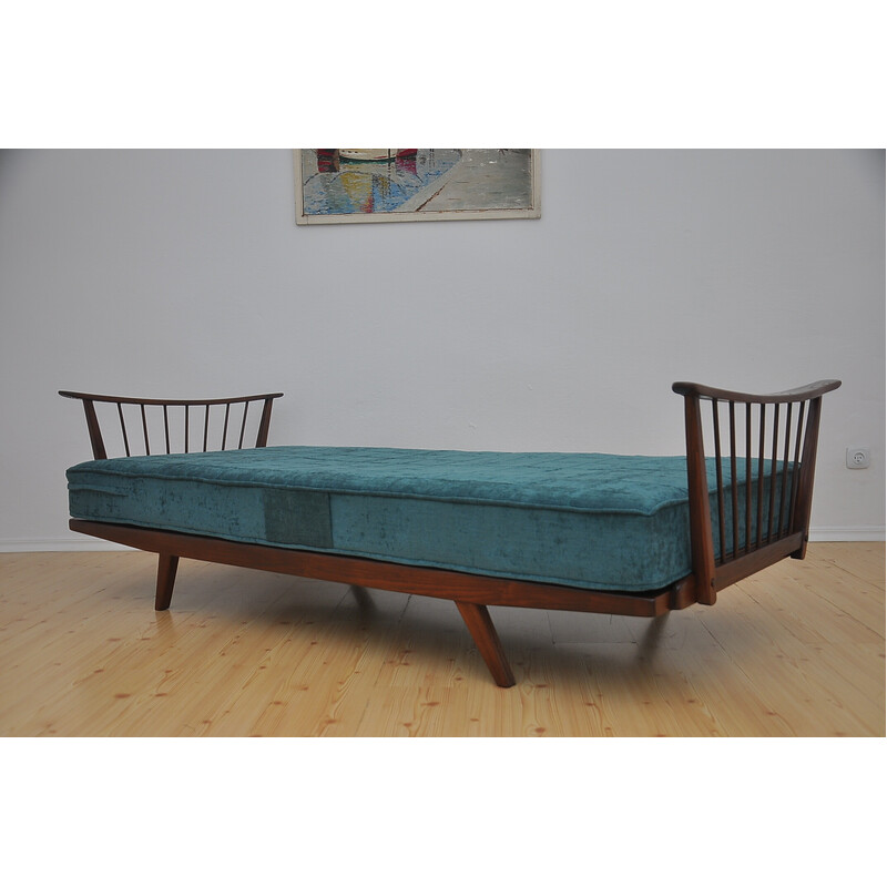 Cama de día vintage de madera de roble con tapicería verde, años 50