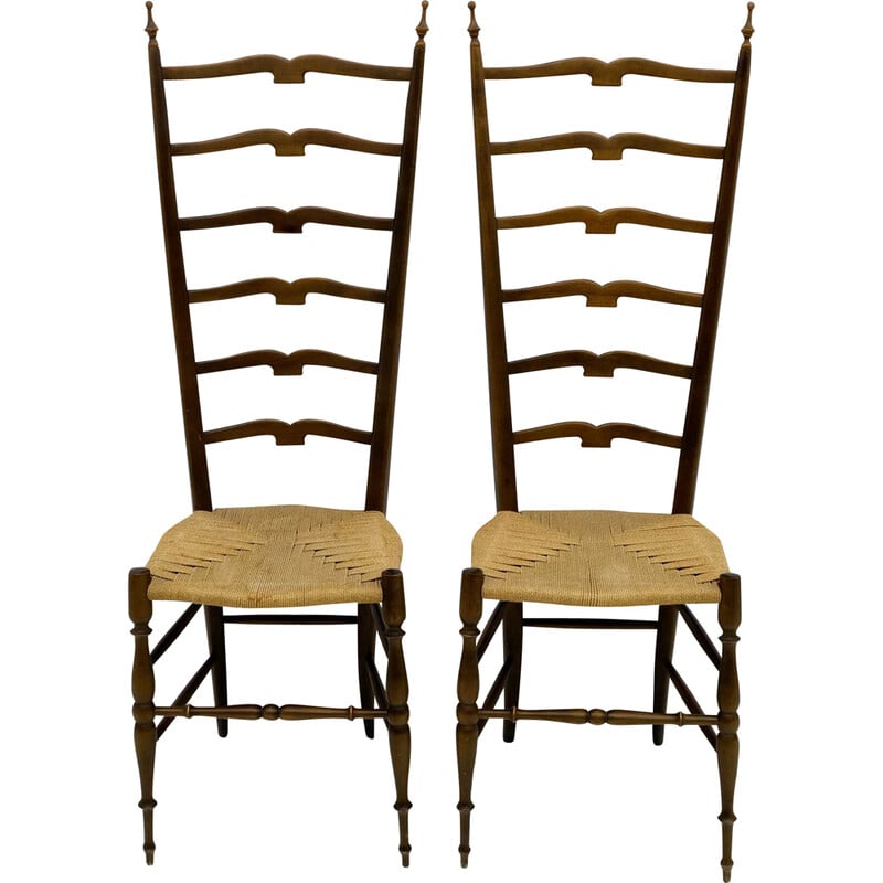 Pair of vintage wood Italian chairs with ladder high back by Paolo Buffa Chiavari, 1950s