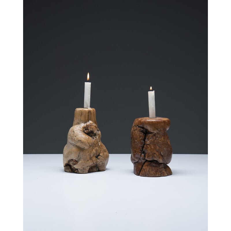 Pair of vintage burr wood candlesticks, 1960-1970