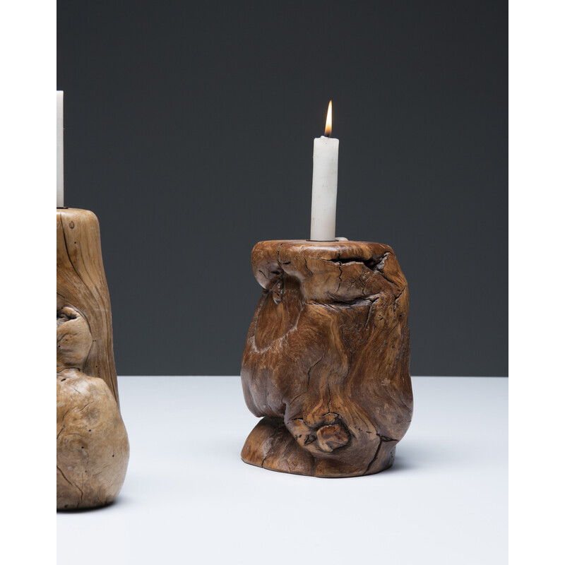 Pareja de candelabros vintage de madera de rebaba, 1960-1970