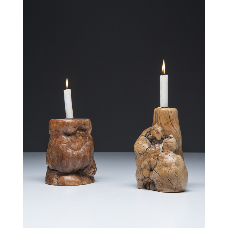 Pair of vintage burr wood candlesticks, 1960-1970