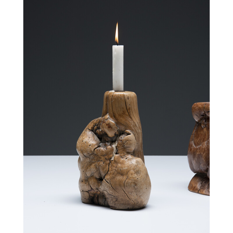 Pareja de candelabros vintage de madera de rebaba, 1960-1970