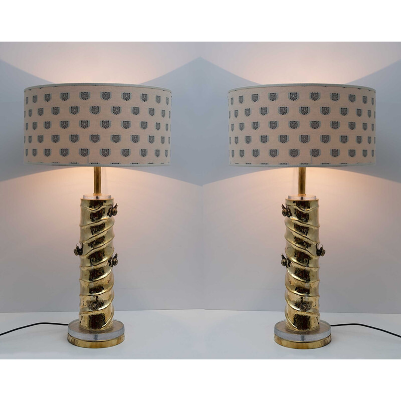 Coppia di lampade da tavolo vintage in ottone e vetro di Murano con tessuto Gucci