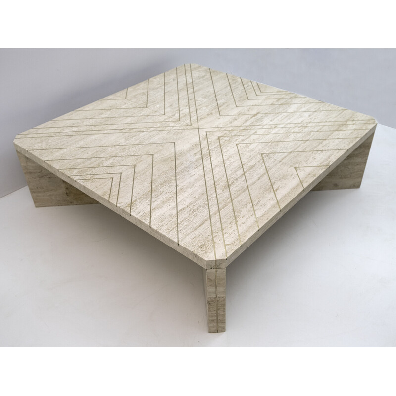 Mid-century Italian travertine coffee table with brass inlays, 1970s