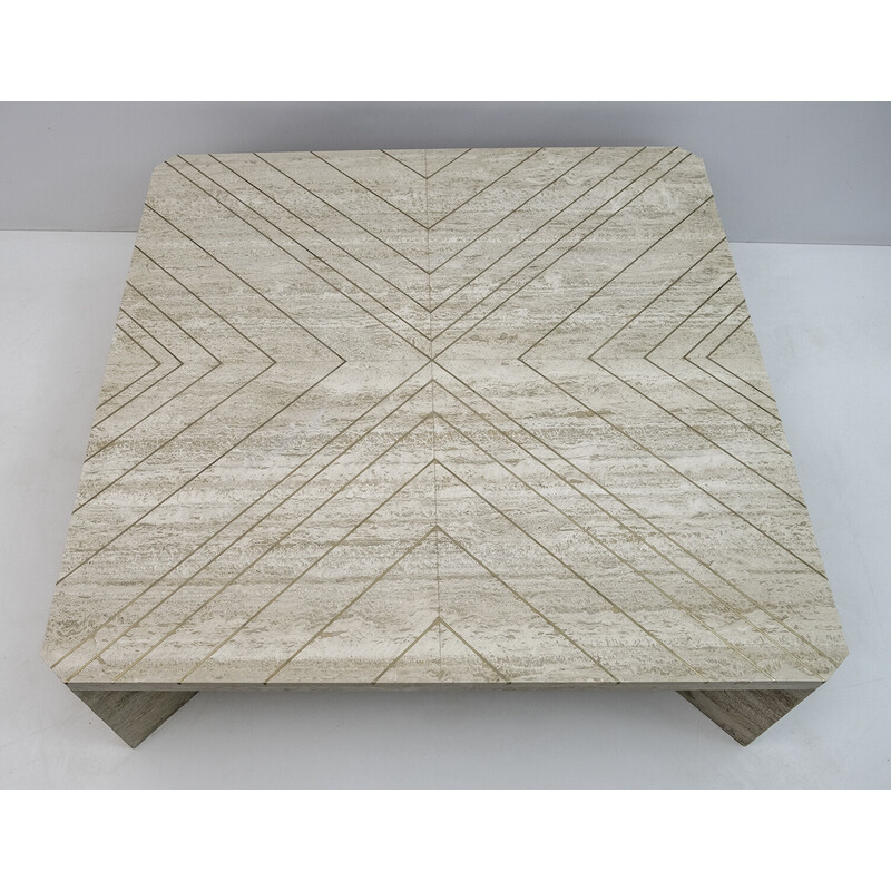 Mid-century Italian travertine coffee table with brass inlays, 1970s