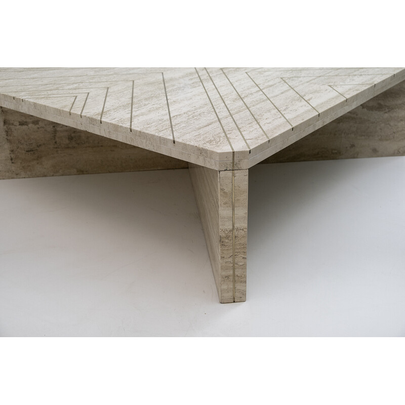 Mid-century Italian travertine coffee table with brass inlays, 1970s