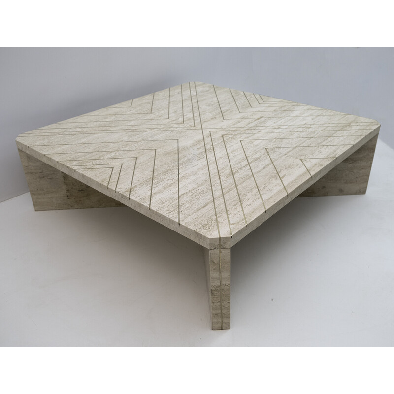 Mid-century Italian travertine coffee table with brass inlays, 1970s