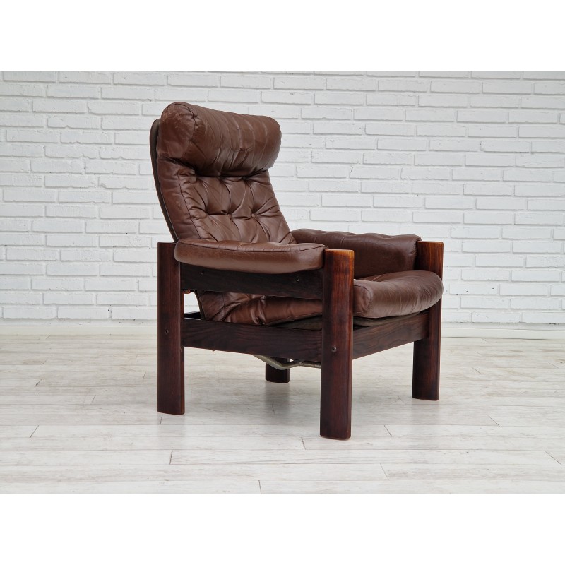 Skandinavischer verstellbarer Vintage-Sessel aus braunem Leder und Eichenholz, 1970er Jahre